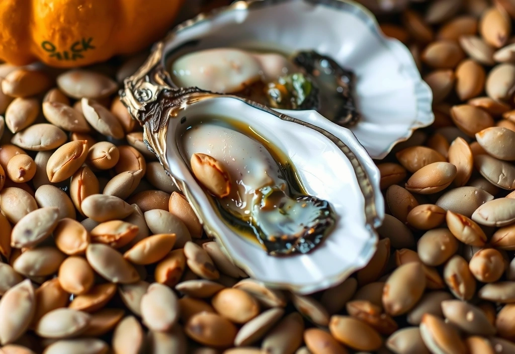 Primer plano de alimentos ricos en zinc como ostras y legumbres