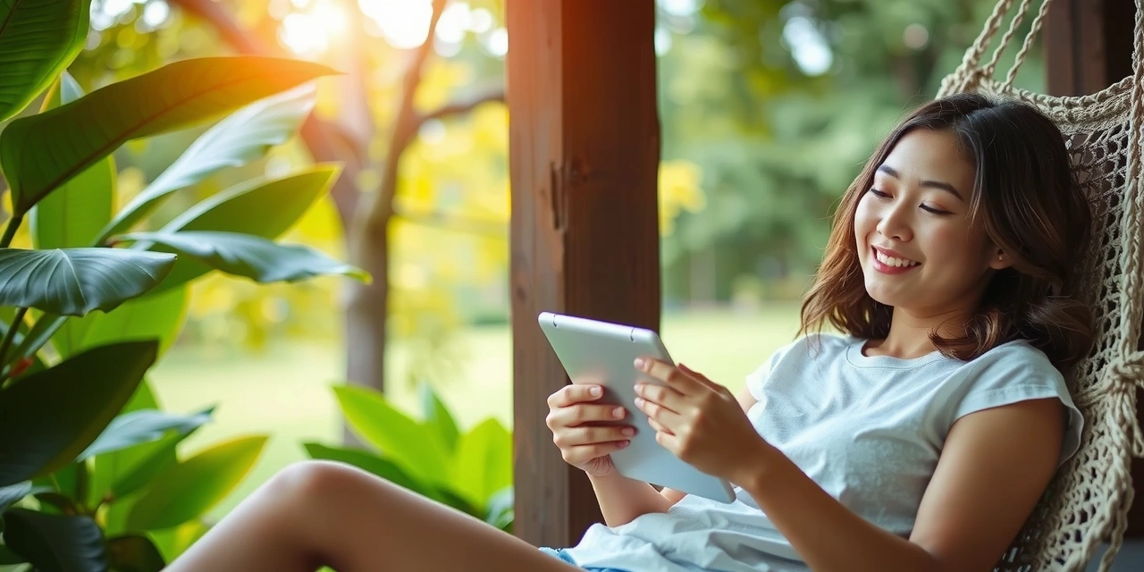 Persona leyendo un tablet en un entorno natural y acogedor, simbolizando la búsqueda de conocimiento para el bienestar.
