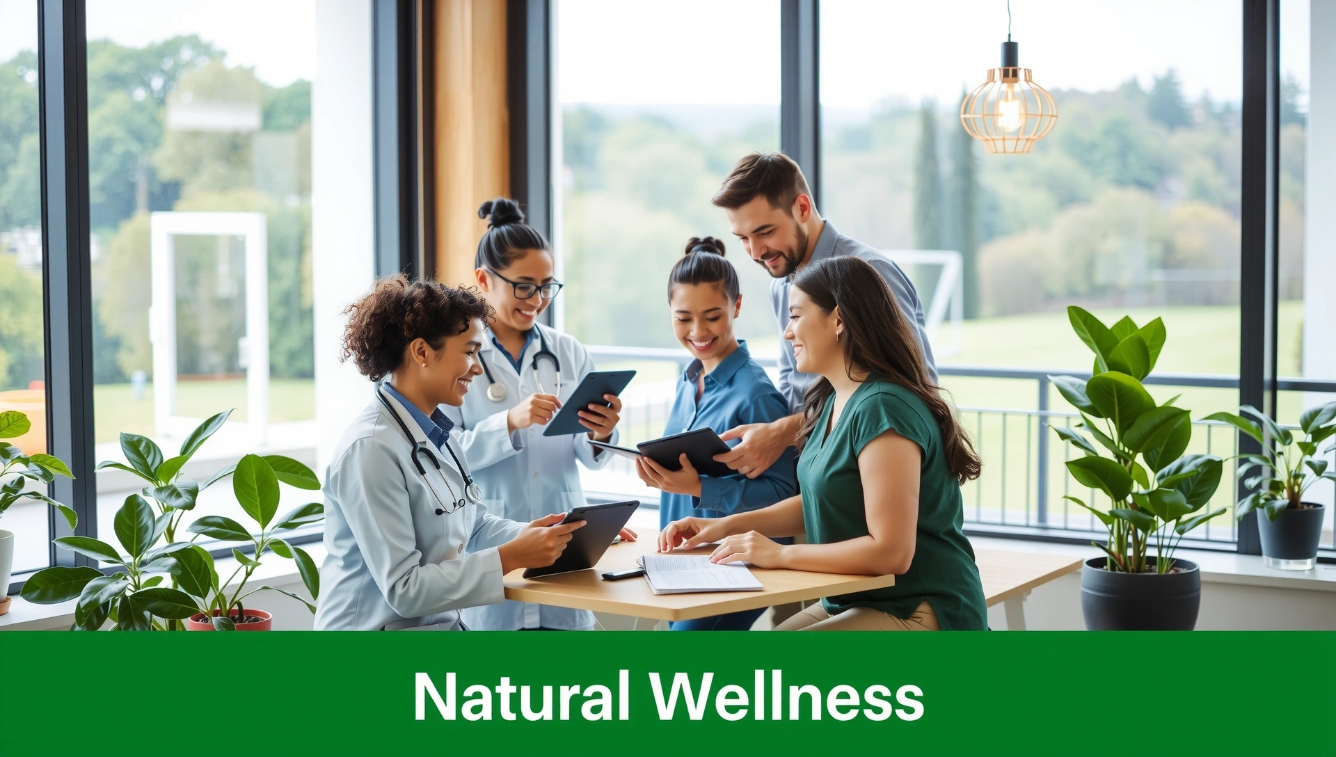 Equipo de Saludmalagalariosb colaborando en una oficina moderna y luminosa con elementos naturales