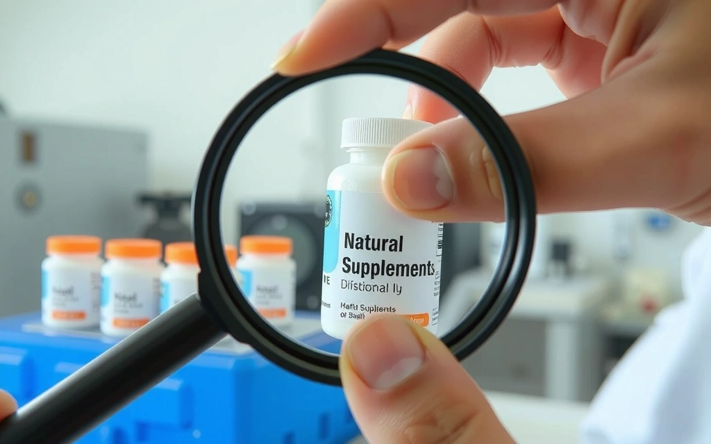 Mano sosteniendo una lupa sobre un frasco de suplementos naturales, simbolizando un control de calidad riguroso.